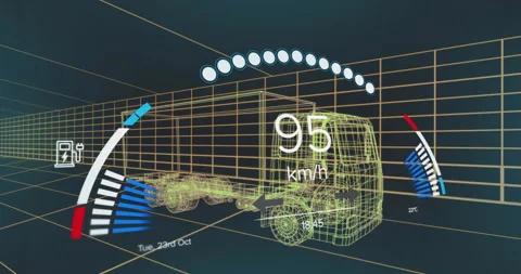 3D wireframe semi-truck moving through grid displaying speedometer, gauges, Stock Footage 307453021