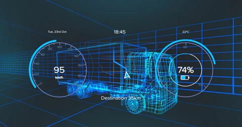 3D wireframe semi?truck model navigating blue grid interface showing speedometer Stock Footage 307453180