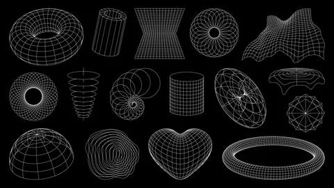 3d wireframe shapes, brutal perspective grid Illustrazione stock