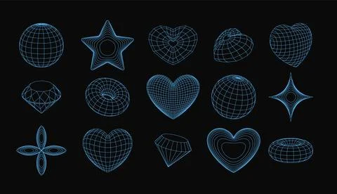 3d wireframe shapes collection, perspective grid figures, tech mesh blue line Stock Illustration