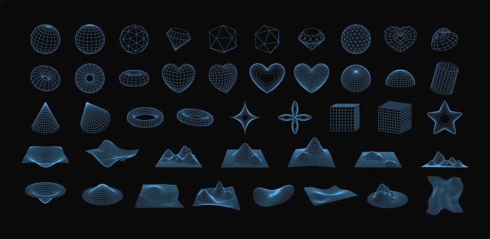3d wireframe shapes collection, perspective grid figures, tech mesh blue line Stockillustratie
