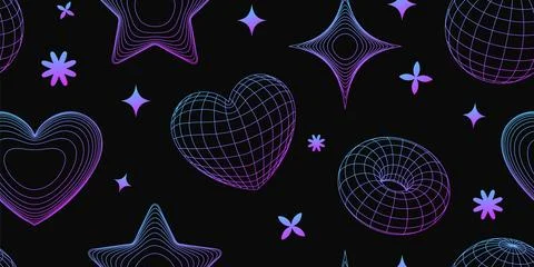 3d wireframe shapes of heart, star, hoop. Seamless pattern. イラスト素材