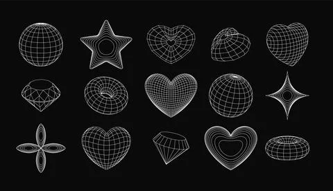 3d wireframe shapes, perspective grid figures, tech mesh vector set white line イラスト素材