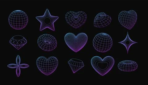 3d wireframe shapes, perspective grid figures, tech mesh vector set purple Stockillustratie