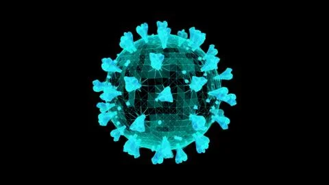 3D wireframe of a single coronavirus particle on a black background Ilustración de archivo