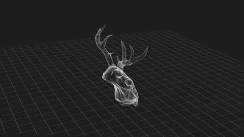 3D Wireframe Skull and Antlers in Digital Geometric Grid Design 库存影片 343222319