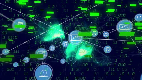 3D wireframe sphere appearing spawning icon nodes while linking data blocks Stock Footage 310298302