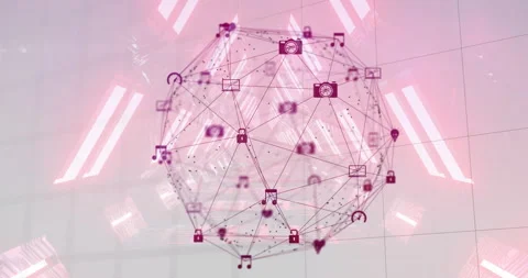 3D wireframe sphere fading into view revealing nodes and icons rotating to Stock Footage 312240601