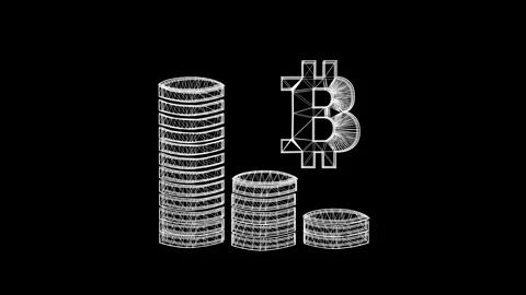 3d wireframe spin and assemble into a 3d bitcoin symbol stack of coins. 4k 3d Stock Footage 87117831
