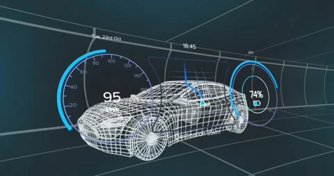 3D wireframe sports car floating in grid space, displaying speedometer, battery Stock Footage 331015029