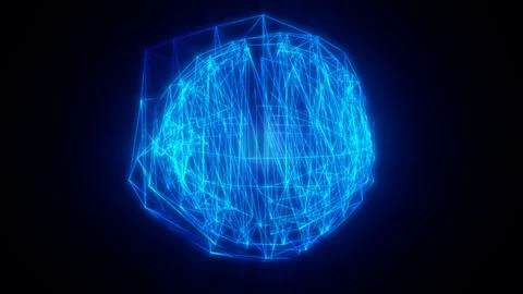 3D wireframe structure of a sphere in glowing blue neon lines, depicting the  스톡 일러스트