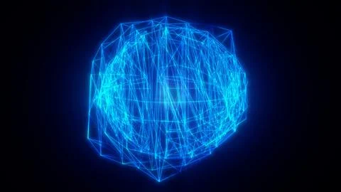 3D wireframe structure of a sphere in glowing blue neon lines, depicting th.. Stockillustratie