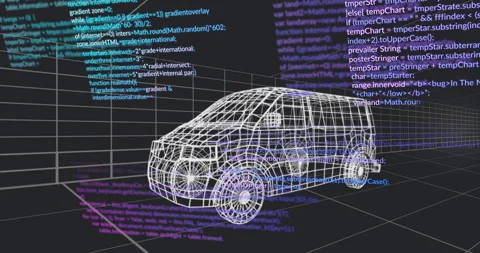 3D wireframe SUV model floating over dark grid workspace, with neon code Stock Footage 307453017