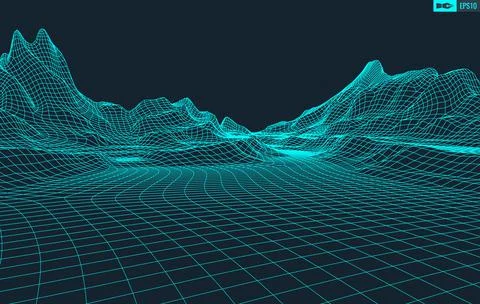 3D Wireframe Terrain Wide Angle EPS10 Vector Stock Illustration