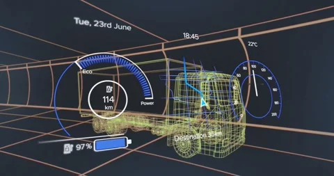 3D wireframe tractor-trailer being displayed in HUD, showing speedometer, Stock Footage 327445115