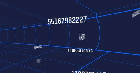 3D wireframe tunnel curving in data corridor, with blue grid lines and floating Stock Illustration