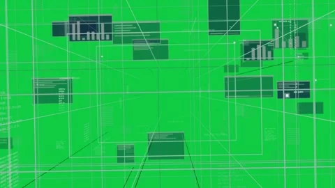 3D wireframe tunnel moving via camera push, panels sliding toward void, showing Stock Footage 340269427