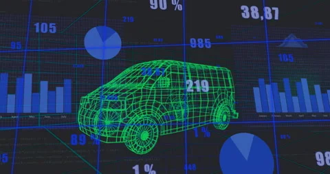 3D wireframe van model floating in dark technical dashboard, showing blue charts Video stock 309145945