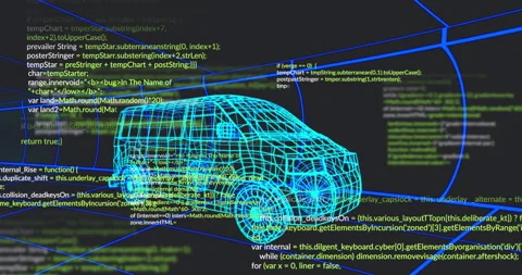 3D wireframe van model floating over color-coded JS code with neon blue axes and Stock Footage 309155929