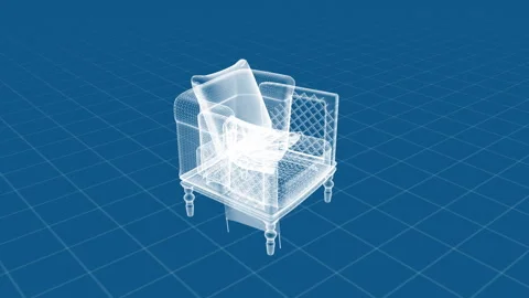 3D Wireframe Visualization of Classic Armchair on Grid Background Stock Footage 344399579