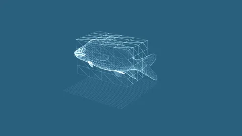 3D Wireframe Visualization of Fish Within Geometric Grid Design Stockbeeldmateriaal 342375910