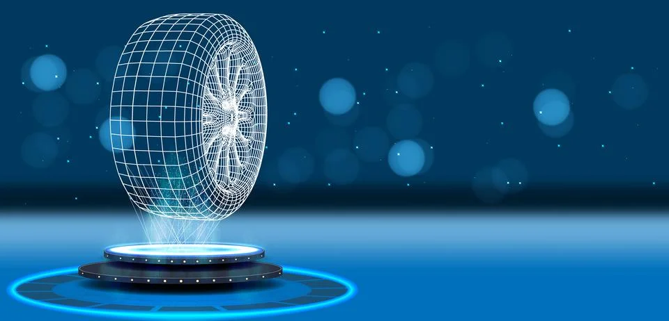 3D wireframe wheel design displayed on a dark blue background with glowing ci Stockillustratie