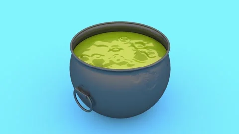 3d witch cauldron with boiling magic potion. Old kitchen boiler with green cooki Vídeo Stock 159920967
