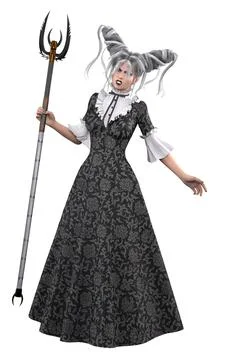 3D Witch in Gothic Gown Holding ornate Pitchfork Stock Illustration
