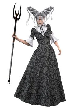3D Witch in Gothic Gown Holding ornate Pitchfork Stock Illustration