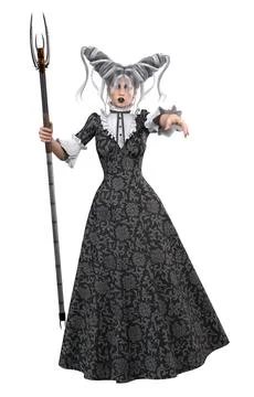 3D Witch in Gothic Gown Holding ornate Pitchfork Stock Illustration