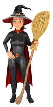 3D Witch with his magic broom. Halloween Stock Illustration