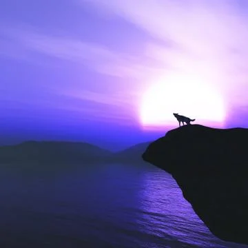 3D wolf on a cliff howling against against a sunset sky Stock Illustration