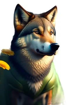 3D wolf with sunflower in white background. 3D Illustration Stock Illustration