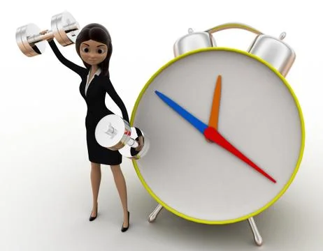 3d woman exercise time with clock and dumbell concept Stock Illustration