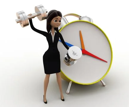 3d woman exercise time with clock and dumbell concept Stock Illustration