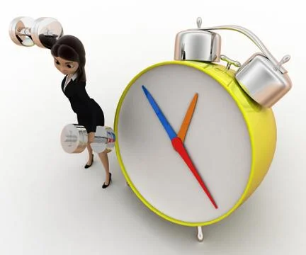 3d woman exercise time with clock and dumbell concept Stock Illustration