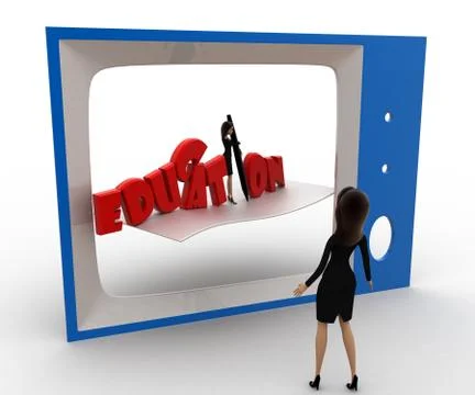 3d woman watching educational program on tv concept Illustrazione stock