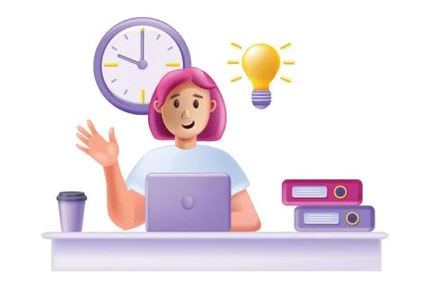 3D woman working laptop, vector home office concept Stock Illustration