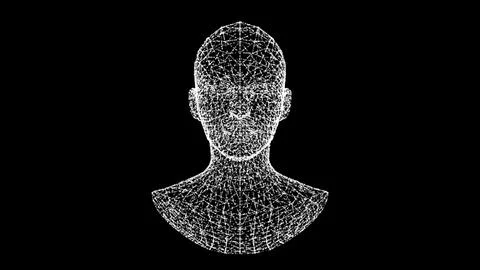 3D womans head model consisting of lines and dots rotates 3 axes 60FPS. Sci.. Illustrazione stock