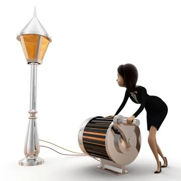 3d women generating power using generator to work with public lamp concept Stock Illustration