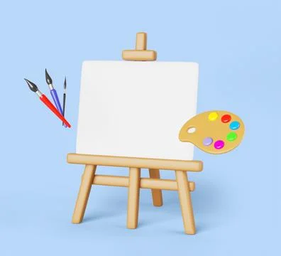 3d wood easel stand with art board, brushes and paints. Artist tools, painter Stock Illustration