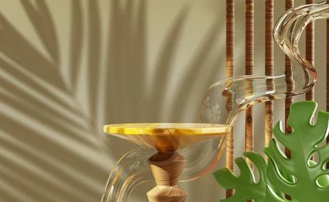 3d wooden circle table podium with tropical leaves, water wave, palm leaf shadow Stock Illustration