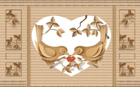 3d wooden illustration, frames, large abstract birds and plants Stock Illustration