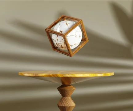 3d wooden table with magic ball in fortune teller room. Modern interior for Illustrazione stock