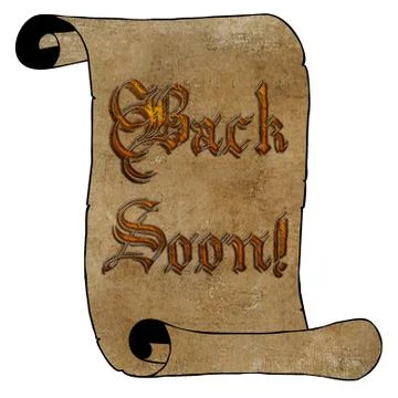 3d wooden type back soon notice on scroll Stock Illustration