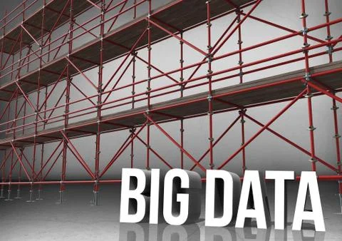 3D word big data in front of scaffolding in grey room Stock Illustration