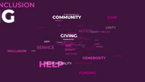 3D Word Cloud Loop of Charity and Community Concepts in Purple Stock Footage 343780343