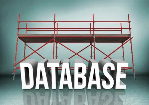 3D word database against scaffolding in green room Illustrazione stock
