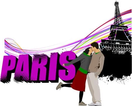 3D word Paris on the Eiffel tower grunge background with kissing couple. Vect Stock-Illustration