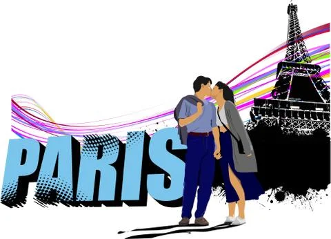 3D word Paris on the Eiffel tower grunge background with kissing couple. Vect Stock-Illustration